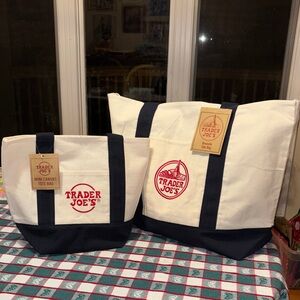 Trader Joe's Navy and Cream Mini and Large Canvas Tote Bag Set